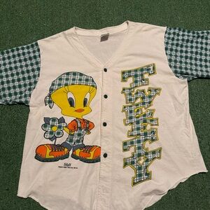 Vintage 90’s Looney Tunes Tweety Bird Plaid Button Up Jersey Size XL Fits More L